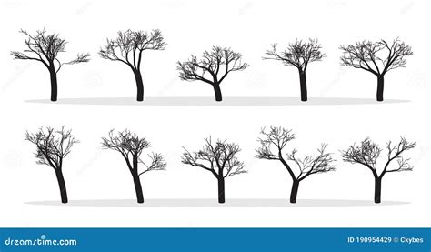 Naked Trees Silhouettes Set Hand Drawn Isolated Stock Vector