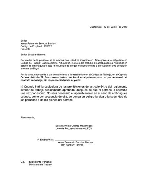 Carta De Despido Modelo 1 Guatemala 10 De Junio De 2019 Señor Yener