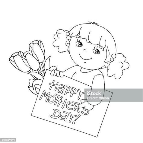 Kerangka Halaman Mewarnai Gadis Dengan Kartu Untuk Hari Ibu Ilustrasi