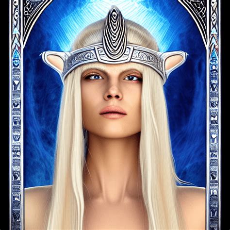 atlantean temple priestess white robes esoteric detailed face and long hair blond silver