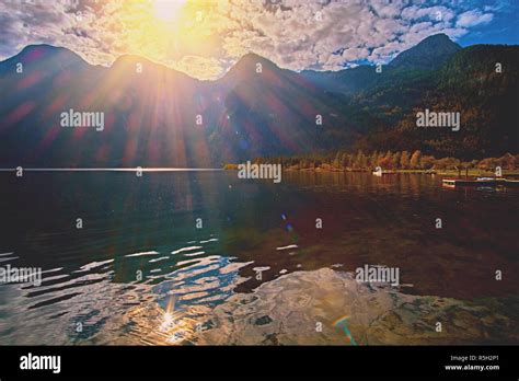 Beautiful Scenic Sunrise Over Austrian Alps Lake Old Vintage Houses In
