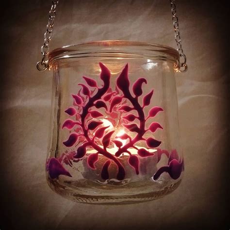 Upcycled Hanging Glass Candle Holder With Handpainted Laurel Wreath