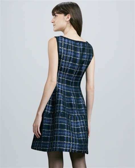 Navy blue and white plaid woven cotton is soft to the touch as it falls from adjustable straps, into a fitted. Nanette Lepore Dazzling Shiny Plaid Dress in Blue - Lyst