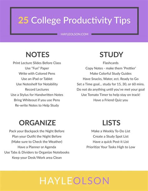 25 College Productivity Tips Free Printable Hayle Olson