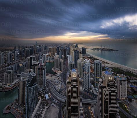 Cityscape Of Dubai United Arab Emirates At Dusk With Skyscrapers