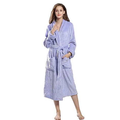 Womens Lilac Flannel Bathrobe Winter Long Sleeve Sleep Lounge Nightwear