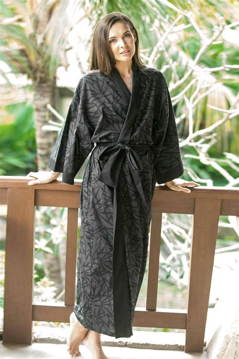 Unicef Market Bamboo Motif Cotton Robe In Grey From Bali Night Bamboo