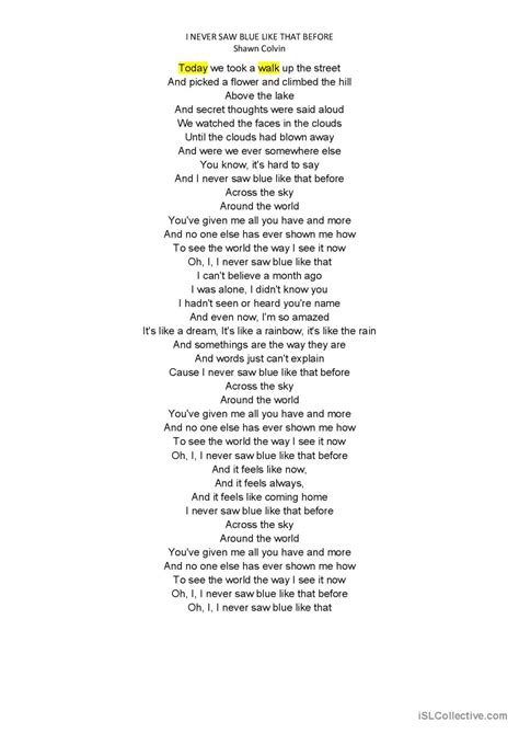 Song I never saw blue like that: English ESL worksheets pdf & doc