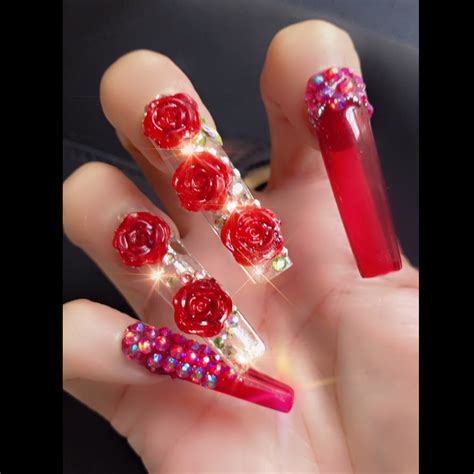 Red Quinceanera Nails/bling 3/d Roses Transparent Clear Red - Etsy