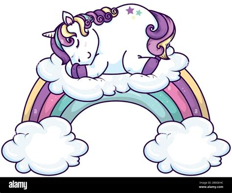 Cute Unicorn Sleeping With Clouds And Rainbow Stock Vector Image And Art