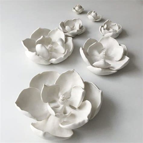Set Of 7 White Magnolia Flower Wall Sculptures Porcelain Art Etsy