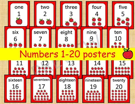 20 Printable Numbers Posters Happy Apple Numbers 1 20 Wall Etsy