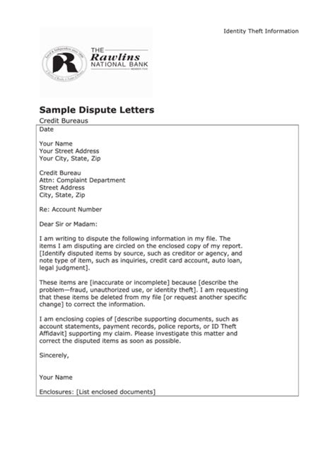 Letters of credit or credit letters mainly are used to convey a message from creditor to the customer, informing that such an amount is due, it may include a mode of payment or it should be encouraging for the client for future deeds. Sample Dispute Letter Template - Credit Bureaus printable ...