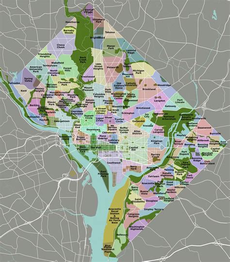 Large detailed neighborhoods map of Washington D.C. | Washington D.C
