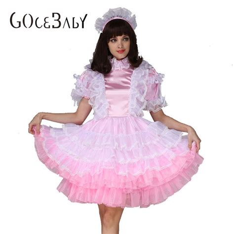 Sissy Maid Lockable Organza Light Pink Puffy Dress Costume Uniform