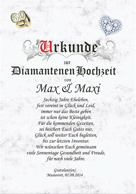 Die diamantene hochzeit ist ein geschenk, das nur die wenigsten von uns erleben dürfen. UR0037 Diamantene Hochzeit Urkunde zur Hochzeit Geschenk ...