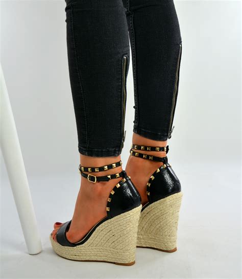 New Womens High Wedge Heels Ladies Espadrille Studded Platforms Shoes