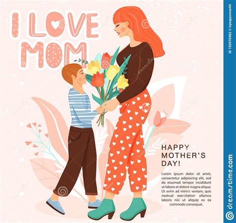 Happy Mothers Day Greeting Card Son Giving To His Mother Bouquet Of