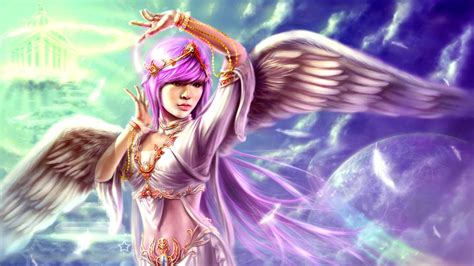 Purple Hair Fantasy Angel Girl Wings Feather Wallpaper Girls Wallpaper Better