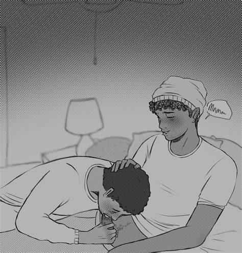 rule 34 blowjob blush curly hair dark skinned male gay grayscale halftone hand on head happy