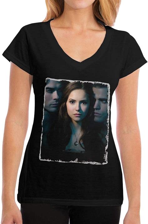 The Vampire Diaries T Shirt à Col En V Pour Femme En Pur Coton Noir
