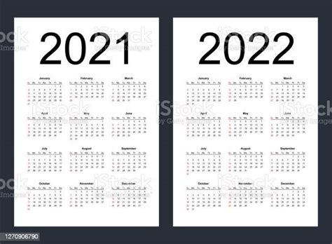 Set Of Minimalist Calendars Years 2021 2022 Weeks Start Sunday Stock