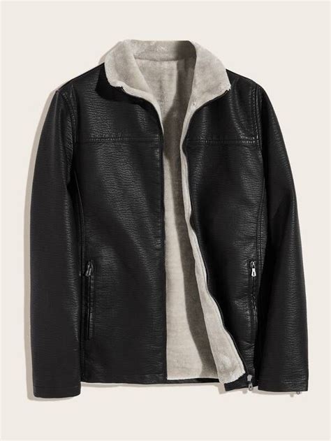 Men Sherpa Lined Pu Leather Jacket In 2020 Pu Leather Jacket Leather