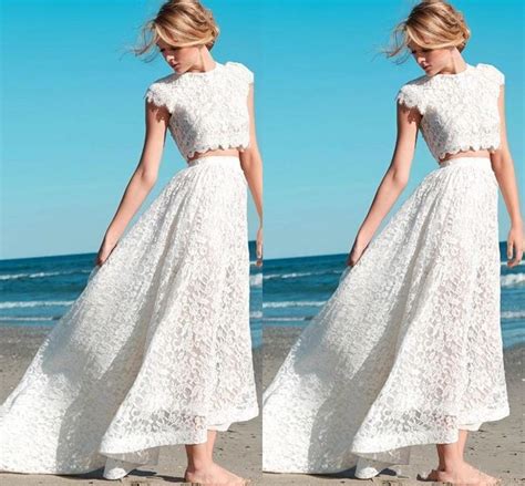 2015 Spring Summer Crop Top Lace Beach Wedding Dresses Sexy Two Pieces