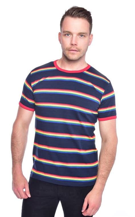 Mens Run And Fly Navy Retro Indie Rainbow Striped T Shirt 60s 70s 80s