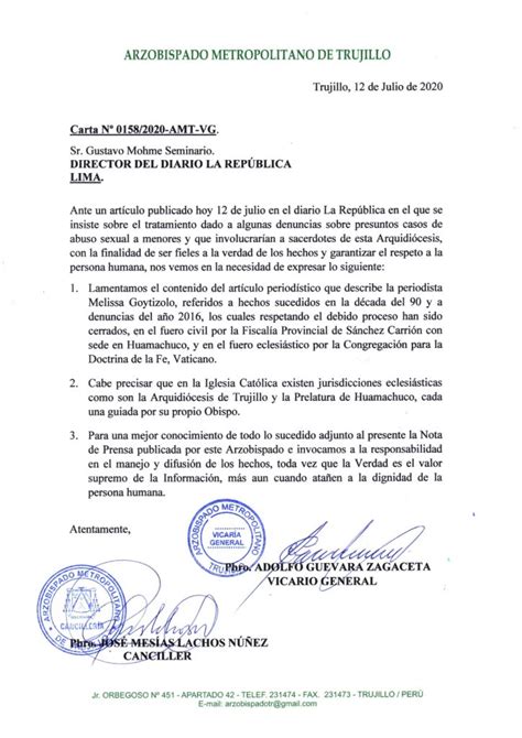 Carta Del Arzobispado De Trujillo Al Director Del Diario La República