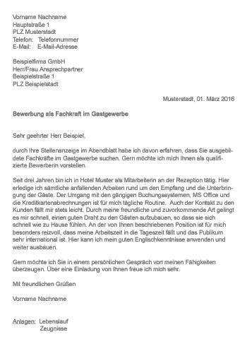Bauarbeiter und helfer erlernen ihr handwerk durch ausbildung am arbeitsplatz (ojt). Muster > Bewerbung als Fachkraft im Gastgewerbe