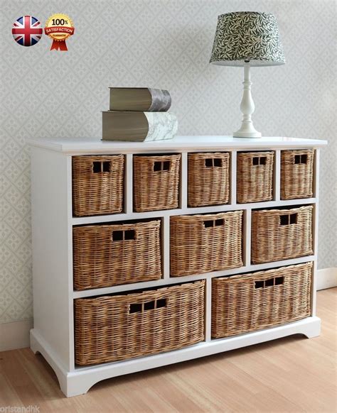 Large White Chest Of Drawers Wicker Storage Unit With Baskets Kitchen