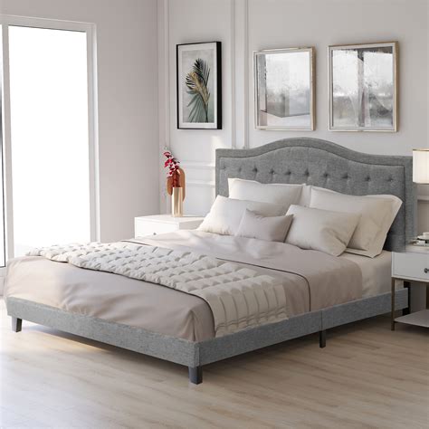 King size double bed fabric linen headboard bed with metal leg. Harper&Bright Designs Classic Tufted Linen Upholstered ...