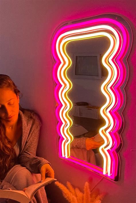 Wavy Pink Neon Mirror Glowing Mirror Led Neon Sign Light Up Etsy