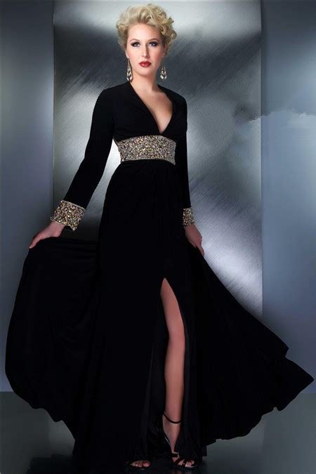 sexy v neck backless long black chiffon beaded sleeve prom evening dress open back