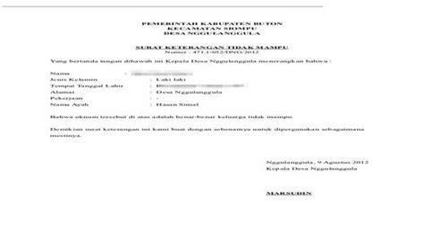 Setelah kesepakatan bersama, maka dibuatlah surat pernyataan persetujuan yang menjadi jaminan dan bukti autentik sebelum kesepakatan atau. Contoh Surat Keterangan Tidak Mampu Untuk Pengurusan KIP ...