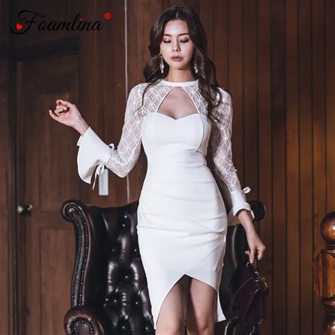 Foamlina Sexy Korean Women White Bodycon Dress Hollow Out Floral Lace 34 Sleeve Backless