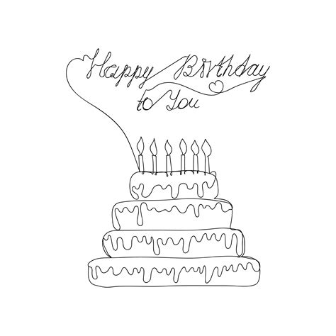 Continuous Line Drawing Happy Birthday To You Greeting Card With Cake