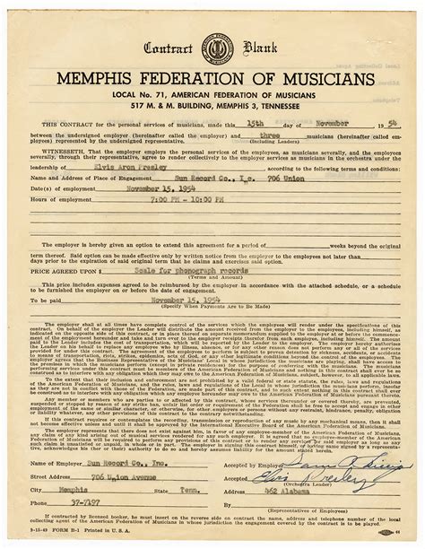 Elvis Presley And Sam Phillips Signed 1954 Sun Records Contract Jsa