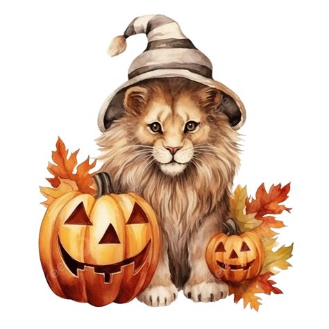 Digital Painting Watercolor Halloween Lion With Pumpkin Costum Festive