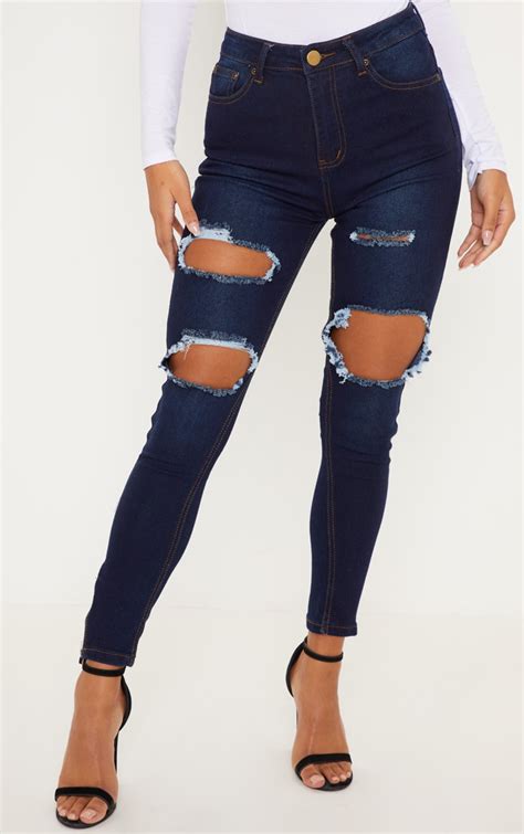 Dark Wash Extreme Rip 5 Pocket Skinny Jean Prettylittlething Aus