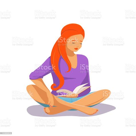 A Young Female With Red Curvy Hair Sits In A Lotus Pose And Reads A