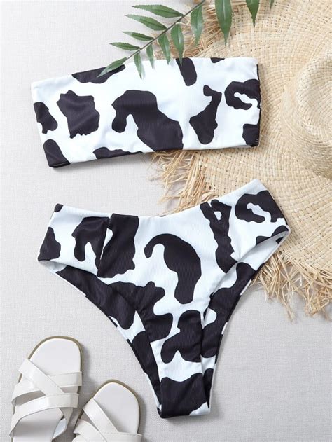 SHEIN Swim Vcay Cow Print Rib Bandeau Bikini Swimsuit SHEIN USA