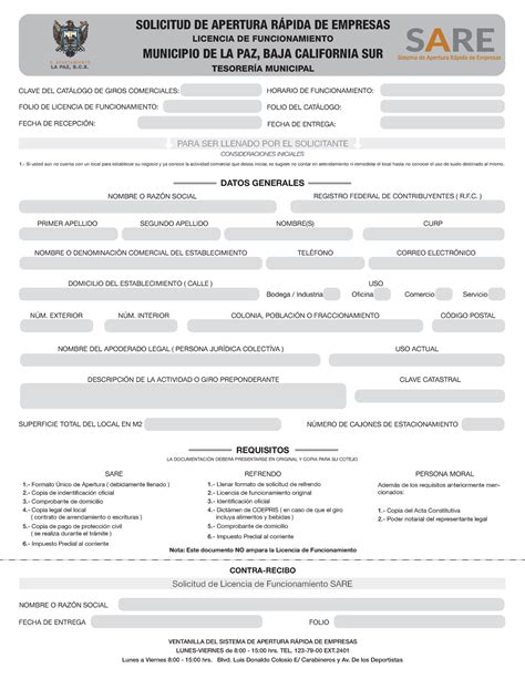 Formato Solicitud DE Licencia DE Funcionamiento SARE SOLICITUD DE APERTURA RÁPIDA DE EMPRESAS