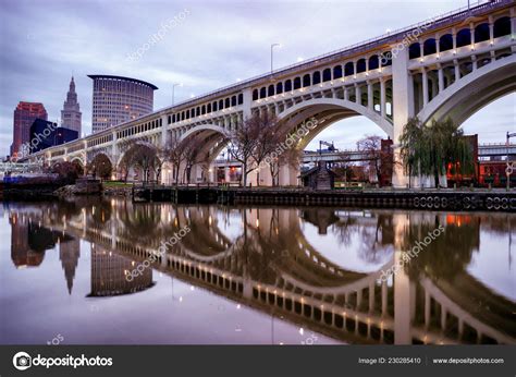 Detroit Superior Bridge Cuyahoga River Downtown Skyline Sunset