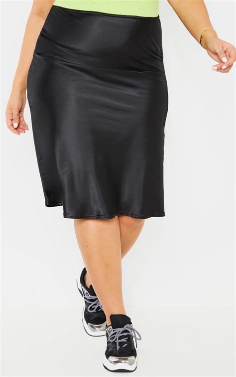 Plus Black Satin Midi Skirt Plus Size Prettylittlething Usa