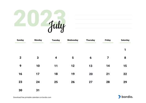 Printable July 2023 Calendar Free Download In Pdf Bordio