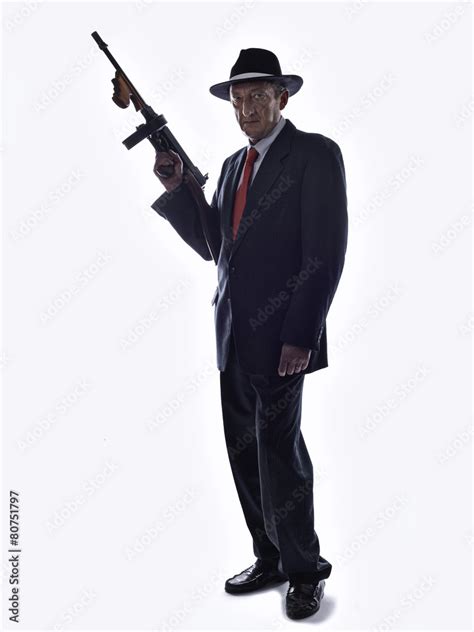 Old Style Gangster With Tommy Gun On White Background Stock Photo Adobe Stock