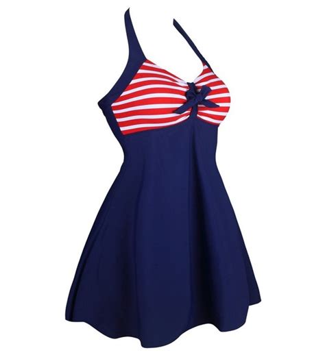 Womens Vintage Sailor Pin Up One Piece Skirtini Cover Up Swimdress