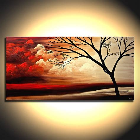 Original Red Landscape Painting On Canvas Tree Art Earth Tones By Osnat